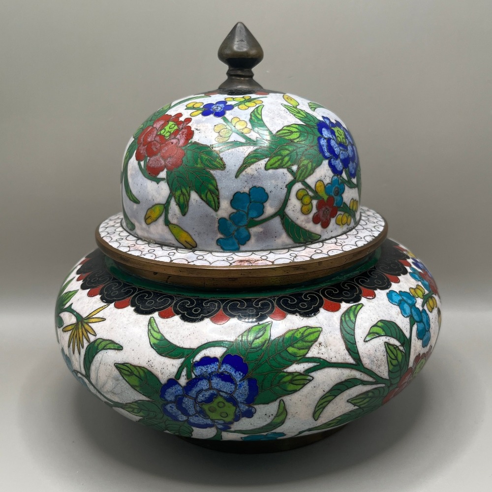 Chinese Cloisonne Lid Ginger Jar Floral‎ Enamel Brass 6.5" x 6" Vtg Trinket Box